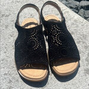 Clarks Black Tan Sandals with Perforated Design